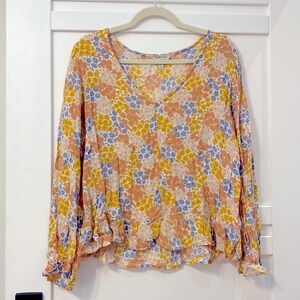 Lucky Brand Yellow Floral Long Sleeve Blouse Ruffle Hem V-Neck Top Size L